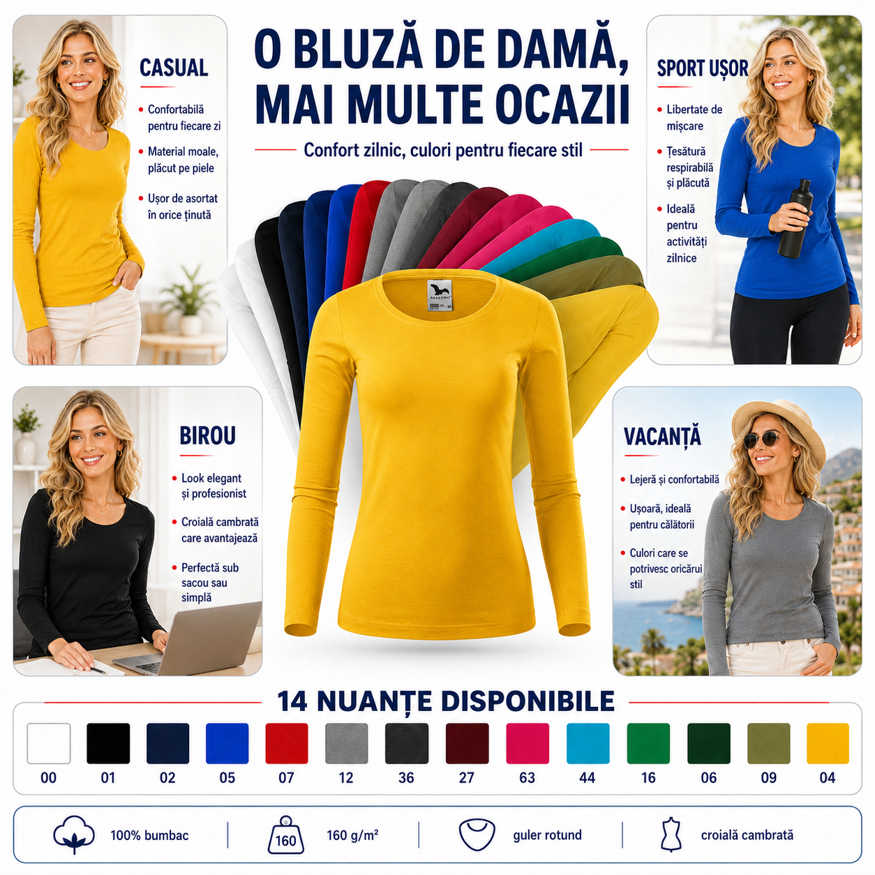 Bluză damă 169 Fit-T LS pentru casual, birou, sport ușor și vacanță